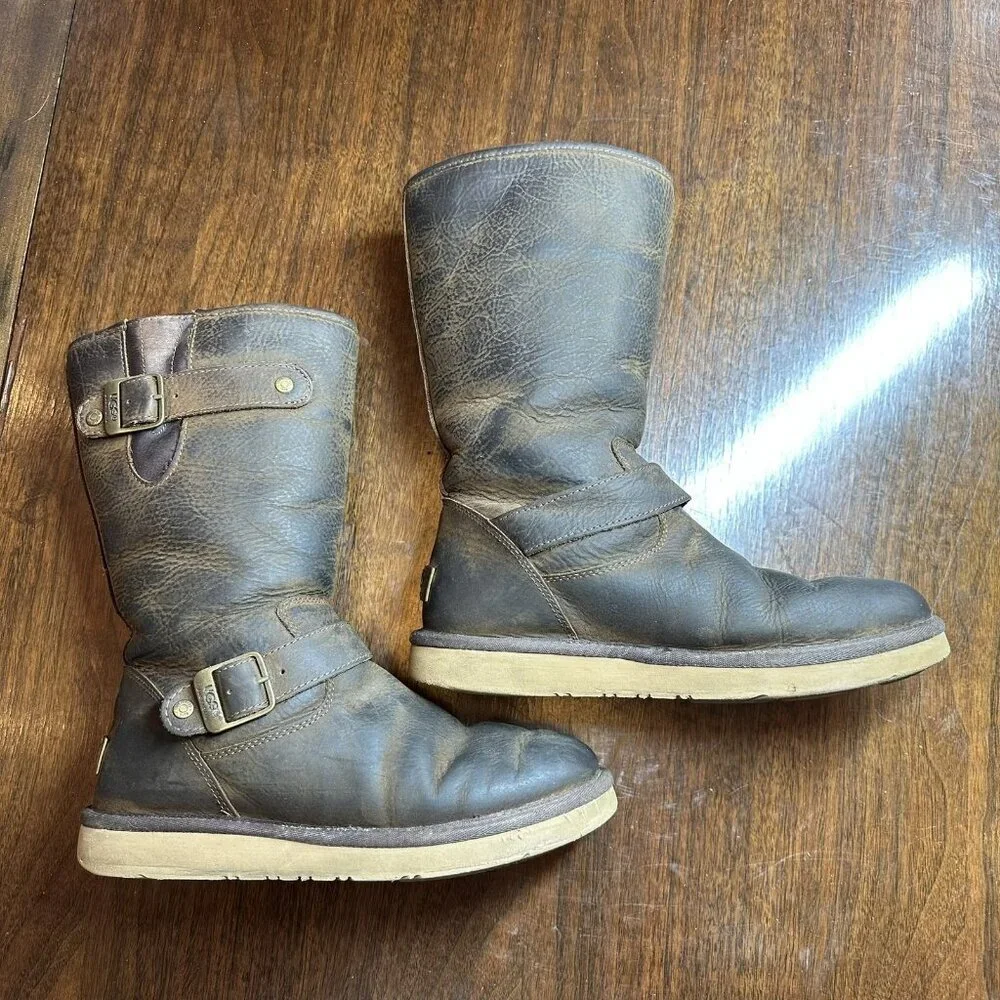 UGG Australia Brown Leather Sutter Buckle Boots Shearling Lined Women’s Size 7